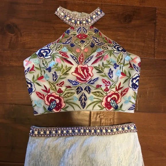 Light Blue Floral Prom Dress - Picture 1 of 4